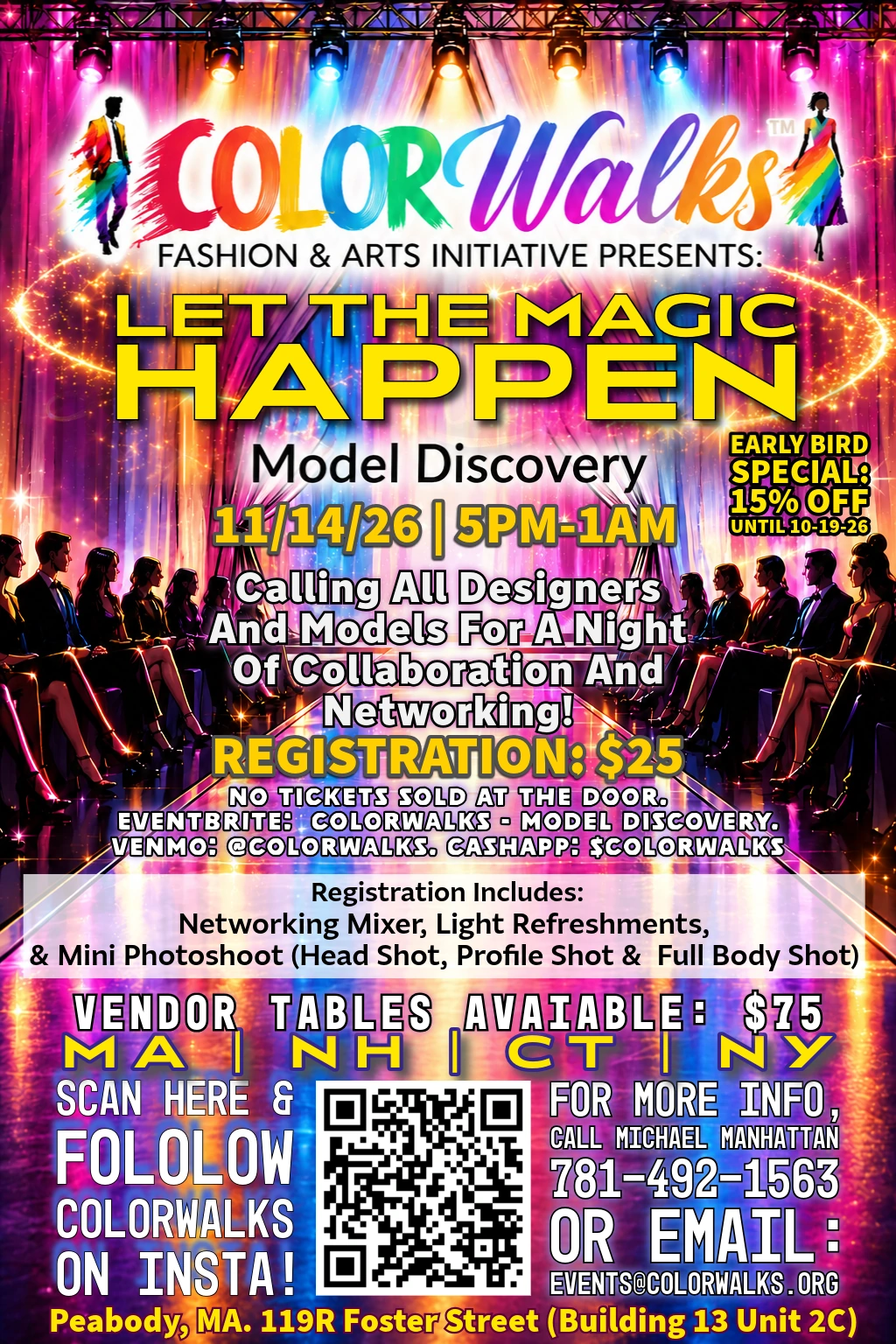 Official COLORWALKS Let the Magic Happen: Model Discovery flyer. Event details and registration information are provided alongside.