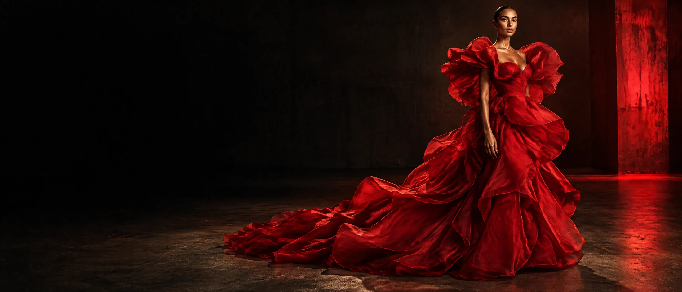 Editorial concept: a sculptural scarlet gown in a dramatic dark space