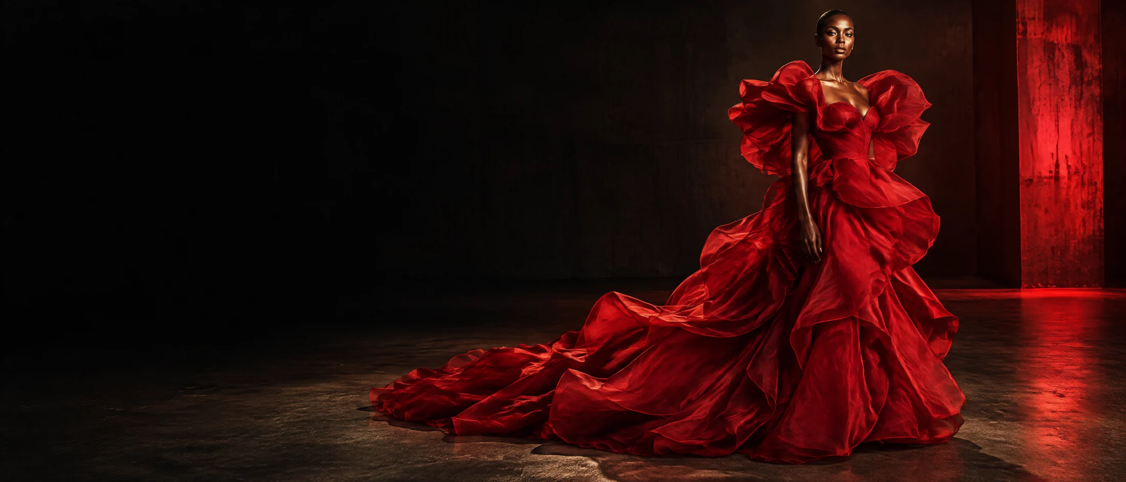 Editorial concept: a sculptural scarlet gown in a dramatic dark space